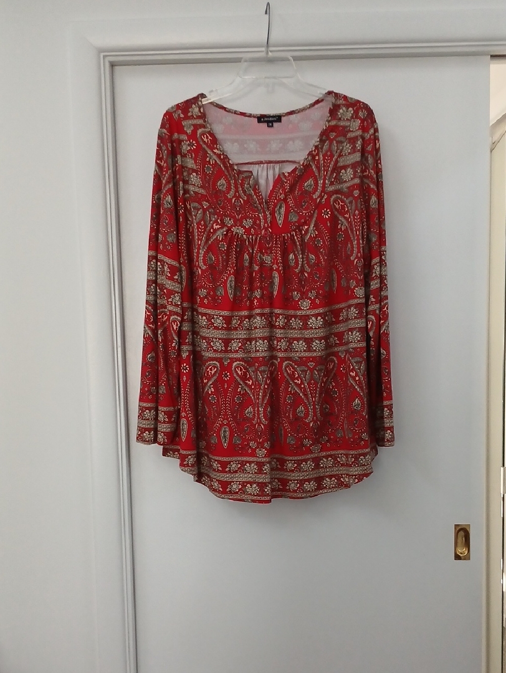 Paisley-Print Red Long-Sleeve Peasant Style Blouse